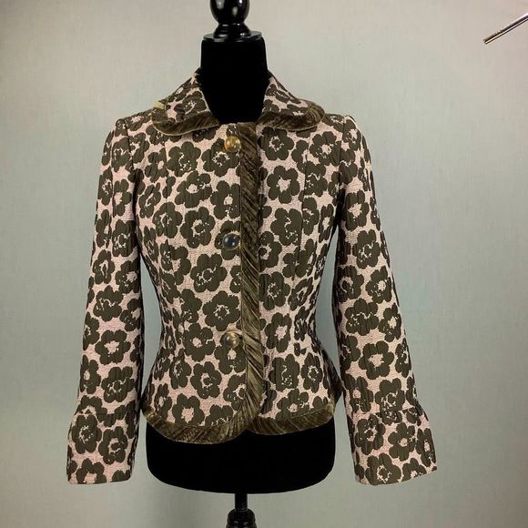 Etcetera Blazer Jacket Sz 4 Beige Green Floral Wool Silk Glass Buttons - Picture 1 of 12